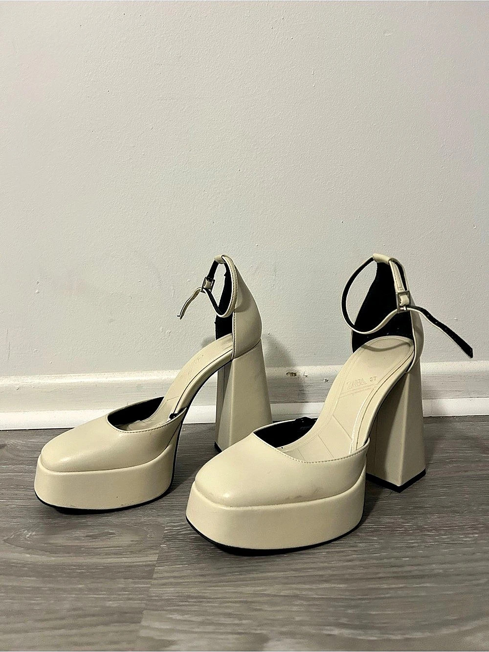 Zara Cream Platform Ankle-Strap Heels, Size 37 EU
